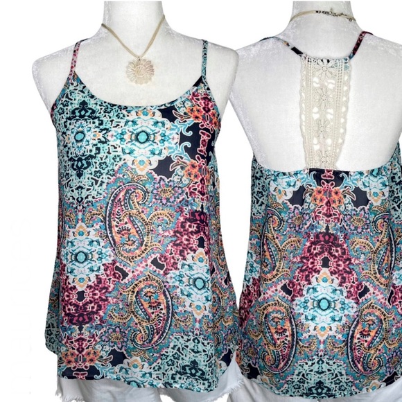 Maurices Boho Chiffon Paisley Crochet T Back Tank Top Blue Pink Peach Medium M - Picture 2 of 7